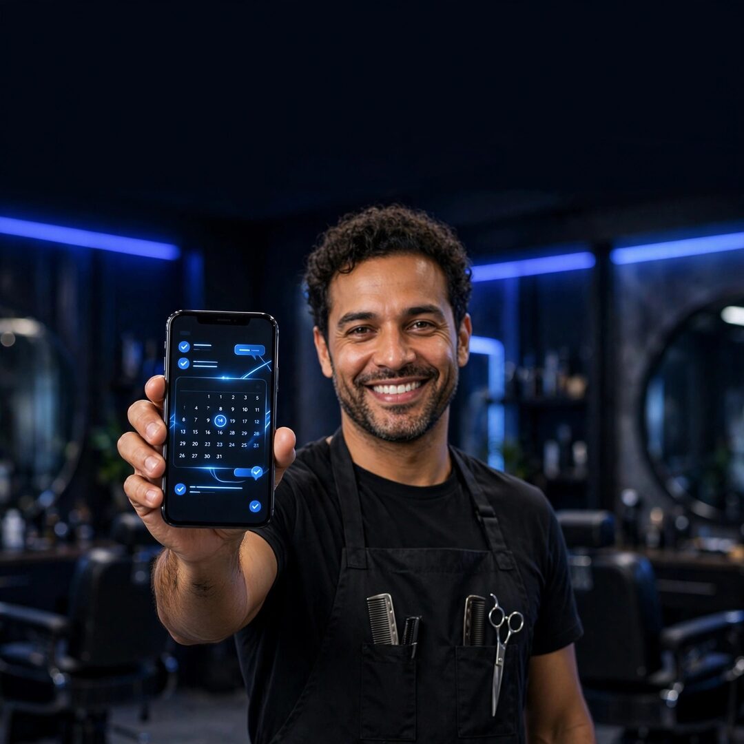 Homem de avental preto sorrindo, mostrando um celular com um calendário na tela, em uma barbearia escura com luzes azuis.